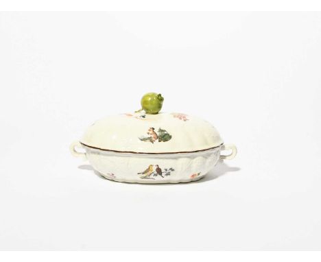 A small Meissen oval tureen or sugar box and cover, mid 18th century, moulded with rococo panels and painted with small vigne