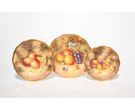 Three Royal Worcester fruit plates, modern, of varying size, painted by Sibley Lewis and H Ayrton with arrangements of fruit 