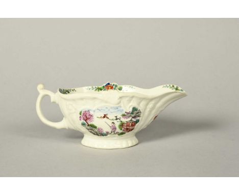 A Worcester strap-moulded sauceboat, c.1758, painted in famille rose enamels with the Stag Hunt pattern, the interior rim wit