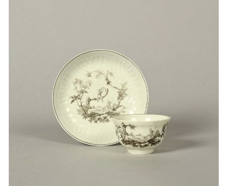 A Worcester teabowl and saucer, c.1758, finely potted with feather moulding, printed in black with Les Garçons Chinois, the t