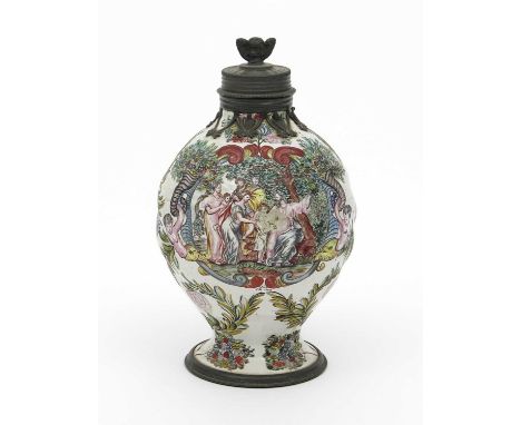 A rare Nuremberg faïence metal-mounted jar, c.1720, reduced from a ewer, the spiral moulded form painted by Justus Alexander 