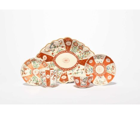 A Derby dessert dish, c.1760-65, of lobed shape, boldly enamelled in the Kakiemon palette with the Scarlet Japan pattern, a f