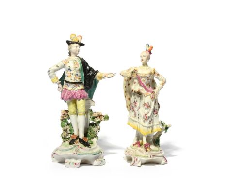 A matched pair of Derby figures of the Ranelagh Dancers, c.1758-60, each in a dramatic pose with one hand on a hip, each with