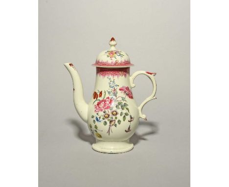 A Pennington's (Liverpool) coffee pot and cover, c.1775-80, of baluster form, painted in polychrome enamels with an arrangeme