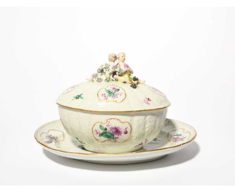 A Meissen oval tureen with cover and stand, mid 18th century, moulded with rococo floral panels, painted in puce and green wi
