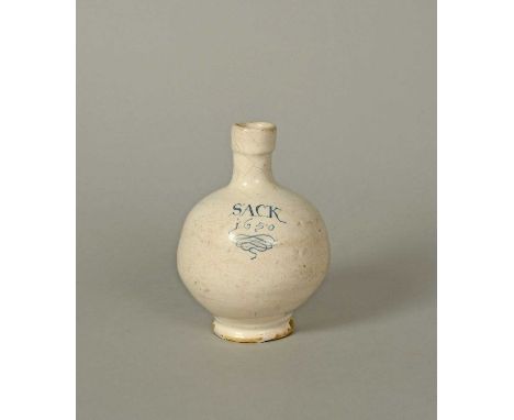  A London delftware Sack bottle, dated 1650, the squat globular body inscribed 'SACK 1650' in blue above a curlicue, with a s