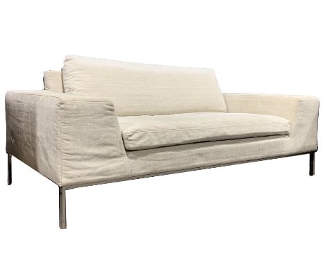 Sits - Contemporary two seat sofa, upholstered in natural linen, raised on square chrome supports, W180cm, H60cm, D89cm - Con