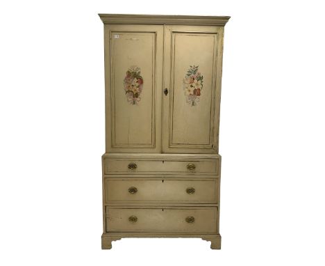 Georgian painted hardwood linen press, with two panelled doors enclosing a plain interior, three faux drawers to base, raised
