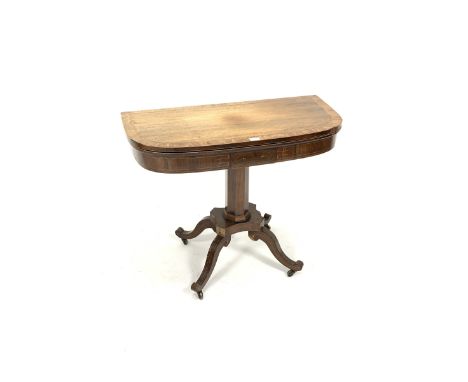 Regency crossbanded rosewood card table with fold over baize lined top on a panel sided column, platform base and quartette s