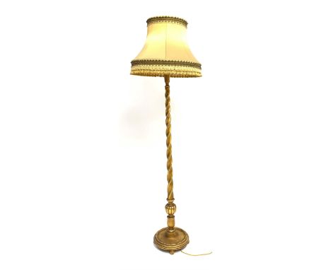 20th century gilt barley twist standard lamp on circular moulded base with turned feet, together with shade, H156cm (measurem