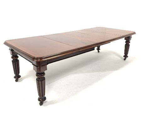 Victorian mahogany extending dining table with three leaves, raised on reeded supports and ceramic castors, 261cm x 112cm, H6