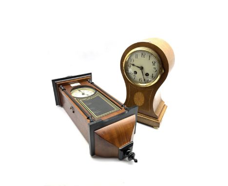 Edwardian inlaid walnut mantel clock of cartouche form with eight day movement, (W17cm) together with a 31 day walnut wall cl