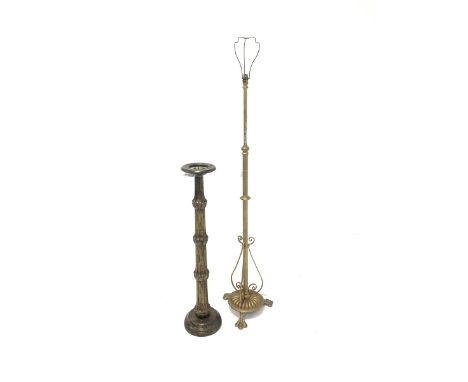 Early 20th century gilt painted telescopic standard lamp, on lobed circular base with three supports, (H161cm) together with 