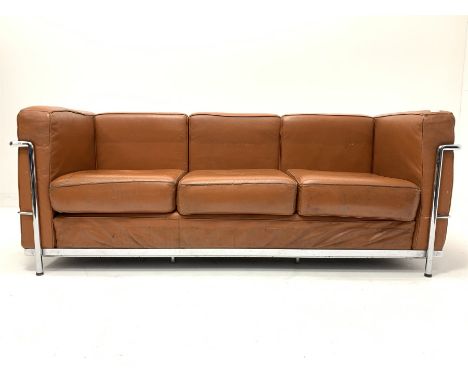 After Le Corbusier - Mid 20th century three seat sofa with chrome frame and brown leather upholstered arm rests and loose cus