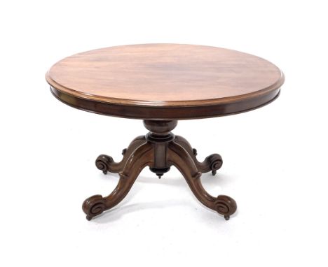 Victorian mahogany breakfast table, circular moulded tilt top on turned pedestal, four shaped out splayed supports with scrol