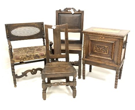 Oak box supported on bobbin turned supports (L55cm,D36cm,H76cm), together with an oak chair with upholstered seat and bobbin 