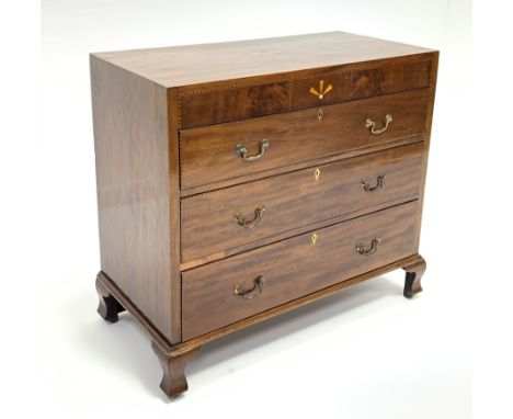 Early 19th century mahogany chest, figured frieze with inlay, three long drawers, raised on ogee bracket feet, W91cm, H83cm, 