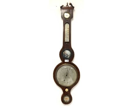 19th century wheel barometer by T Pini, Red Lion Square, London, with thermometer, hydrometer, mirror and spirit level in mah