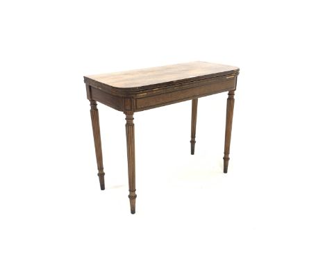 Late Georgian rosewood card table, inlaid with brass stringing, fold over baize lined top on reeded turned supports W92cm - C