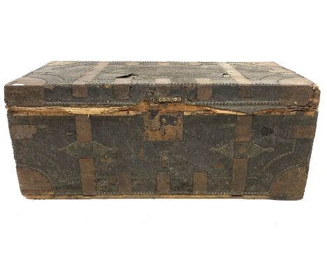 18th century trunk, covered in leather and with brass studs, bearing initials 'F.W', for Sir Francis Wood of Bowling Hall, Br