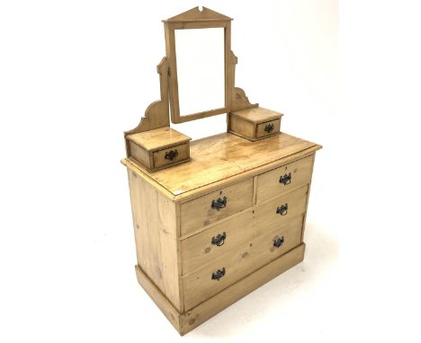 Late Victorian polished pine dressing chest, with swing mirror over trinket drawers, two short and two long drawers to base, 