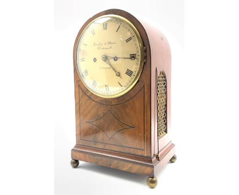 Mid 19th century mahogany cased dome top repeating bracket clock, with ebonised stringing and brass fish scale grill to each 