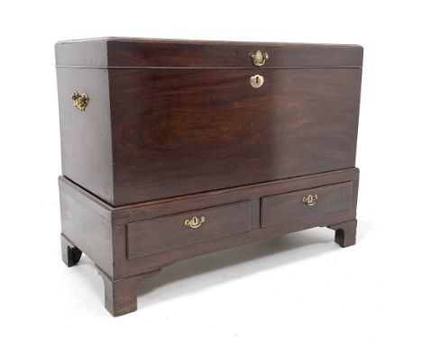 George II mahogany silver chest, the chest enclosed by moulded hinged lid on base fitted with two drawers, bracket feet, bras