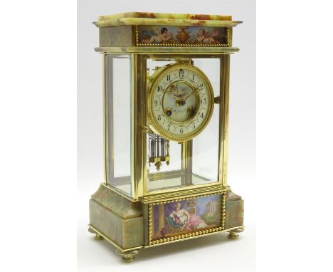 Late 19th century onyx and gilt metal four glass mantel clock, Sevres hand painted porcelain panels depicting urn with putti 