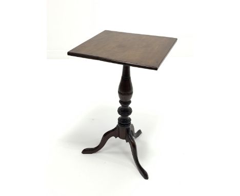 19th century mahogany tripod table with square top, turned supports with three out splay supports, 42cm x 42cm, H66cm - Condi