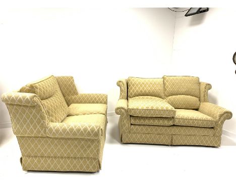 Pair two seat sofa upholstered in gold diamond fabric, W170cm - Condition Report 