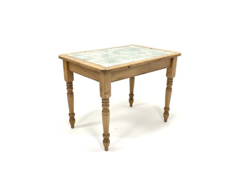 Victorian style pine kitchen work table, with tile top, raised on turned supports, 101cm x 68cm, H76cm - Condition Report 