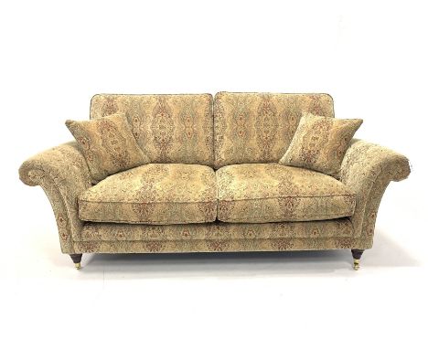 Parker Knoll Burghley large two seater sofa upholstered in Baslow Medalli Gold fabric, raised on turned front supports and br