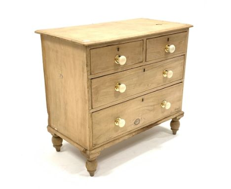 Victorian stripped pine chest of two short and two long graduated drawers, replaced ceramic pull handles, raised on turned su
