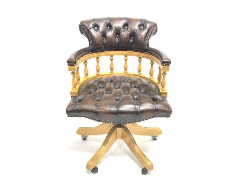 20th century light oak framed reclining swivel Captains desk chair, W61cm, H85cm - Condition Report 