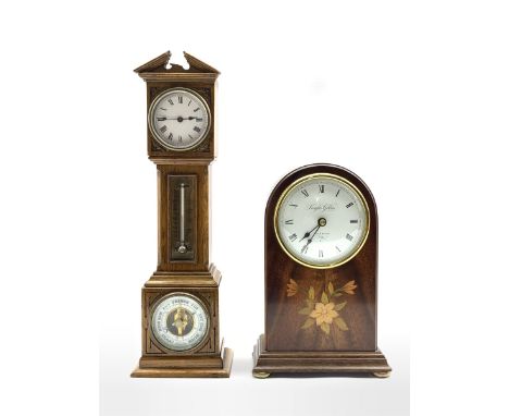 Early 20th century miniature oak longcase clock, with 30 hour mechanical movement over thermometer and aneroid barometer, (H3