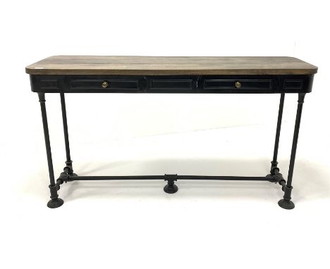 Industrial style metal console table with hardwood top, two drawers and finished in matt black, W148cm, H82cm, D42cm - Condit