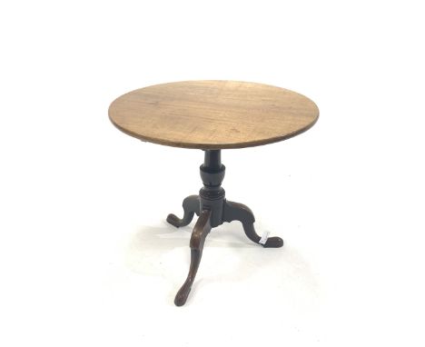 Early 19th century mahogany tripod table, circular tilt top on turned column, three out splayed supports, D78cm, H72cm - Cond