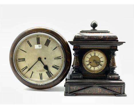Late 19th century American mantel clock, simulated marble sarcophagus top, pilasters and base, eight day striking movement, (