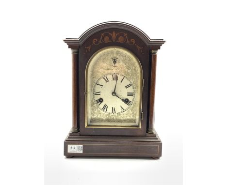20th century dome top mantel clock, the case with floral and string inlay, silvered dial with Roman chapter ring, Westminster
