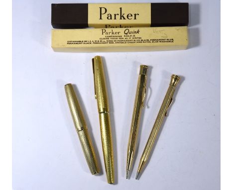 An 18ct yellow gold Parker fountain pen with engine turned case, for restoration to/w a 9ct yellow gold Waterman fountain pen