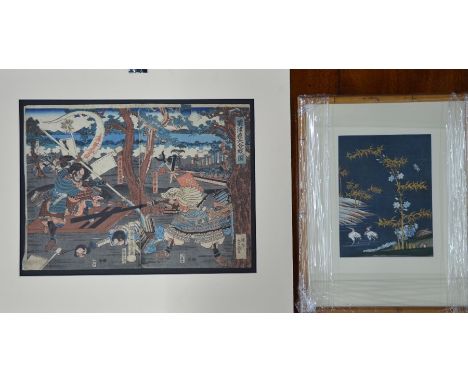 A Japanese Meiji period Ukiyo-e coloured woodblock print of a Samurai battle scene, image size 50 x 36 cm (unframed) to/w a 2