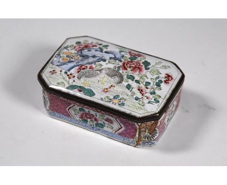 A Chinese canton enamel patch box and cover of canted rectangular form, decorated in polychrome enamels, the cover with two q