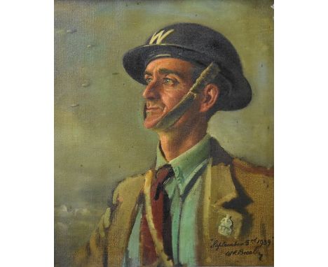 W R Brealey (1889-1949) - 'September 3rd 1939', Portrait study of a blackout warden, oil on canvas, signed lower right and ve