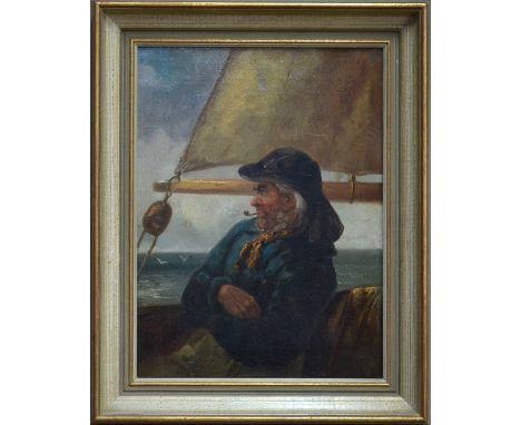 R J Clayton - Two portrait studies of fishermen in a boat smoking pipes, oil on canvas, 40 x 29 cm (2)Old canvas, patched and