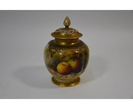 A late Victorian Royal Worcester pot pourri vase and cover of melon-shape, with pierced cover and neck, painted with fruit by