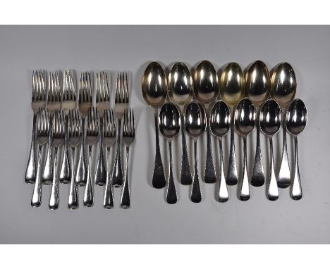 A set of Old English pattern silver flatware, comprising six each table forks and dessert spoons and forks, Mappin &amp; Webb