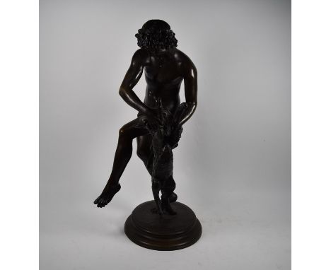 Raymond Barthelemy (1833-1902) a large brown bronze sculpture of a Bacchanalian dancing with a kid goat, signed to the circul