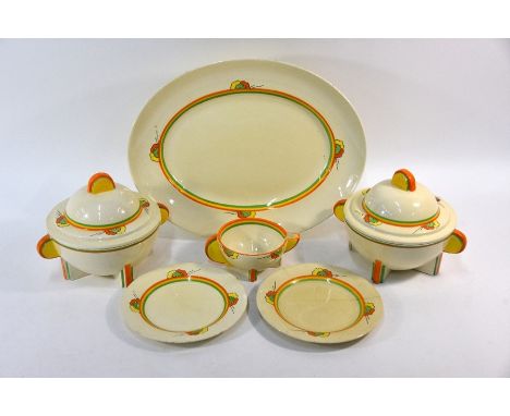 A pair of Clarice Cliff Bizarre 'Stamford' shape tureens and covers, printed and painted with flowers and stripes in red, yel