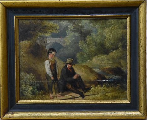 Circle of William Collins (1788-1847) - 'Fisherman and boy', oil on panel, 16 x 21 cm, Tryon Gallery label to reverseProv - l