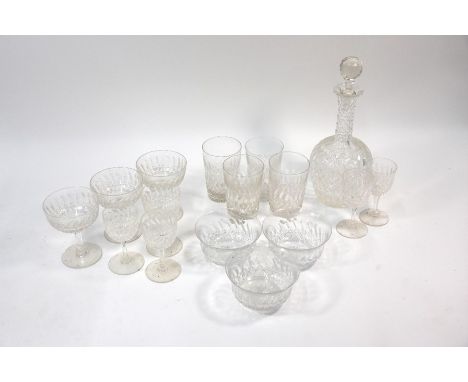 A good quality cut glass decanter and stopper to/w a matching part suite of drinking glasses, including four water glasses, t